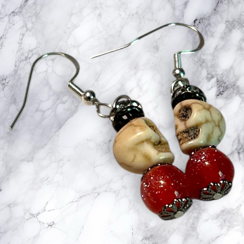 Hand Crafted Earrings Skulls White Red Rhinestones Dangle Long Pierced